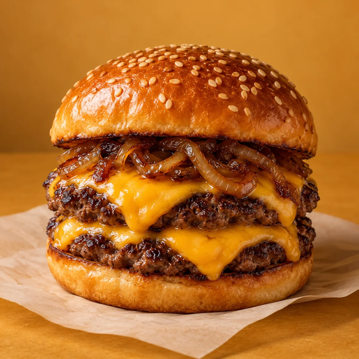 Imagem gerada por IA: Hambúrguer duplo com dois discos, queijo e cebola caramelizada