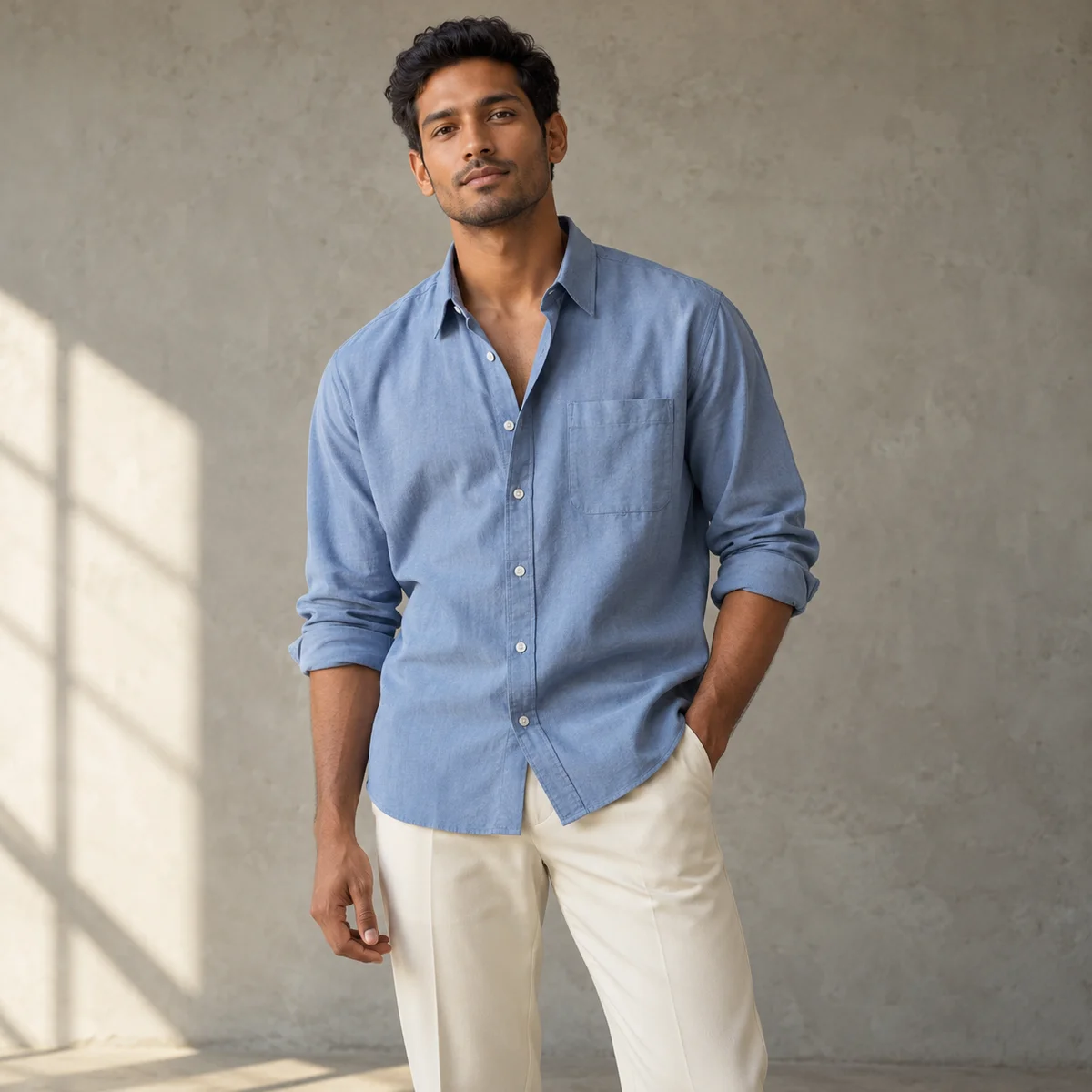 Imagem gerada por IA: Modelo adulto com camisa azul e calça clara